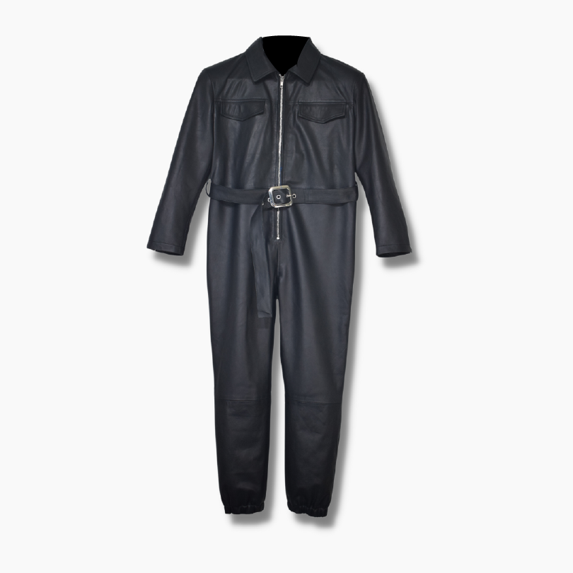 Womens Black Leather Jumpsuit Belted Front Tracksuit Style Overall ...