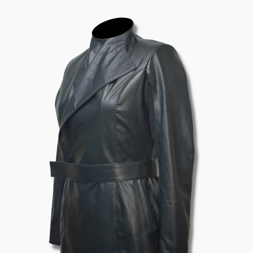 Sarah Black Leather Trench Coat