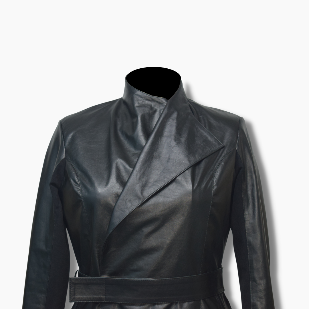Sarah Black Leather Trench Coat
