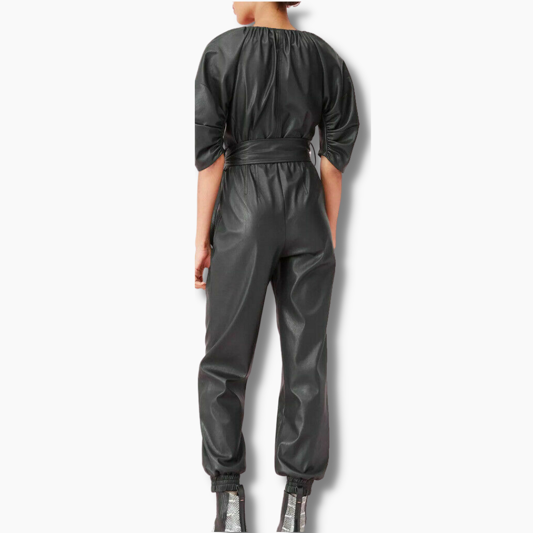 Molly Black Leather Belted Jumpsuit
