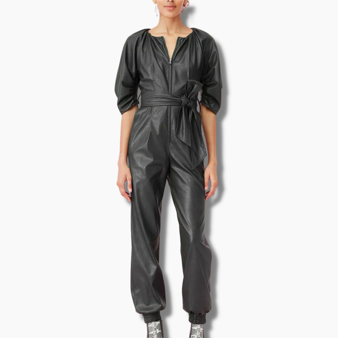 Molly Black Leather Belted Jumpsuit
