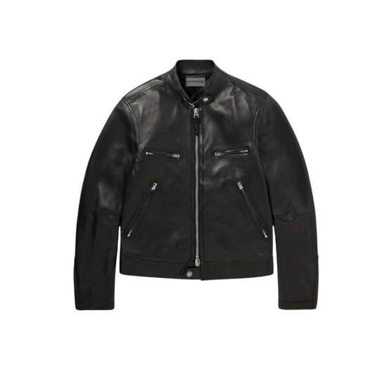 Men’s black genuine leather biker jacket with a crew neck, center front zipper, and four functional zipper pockets – Movenera.