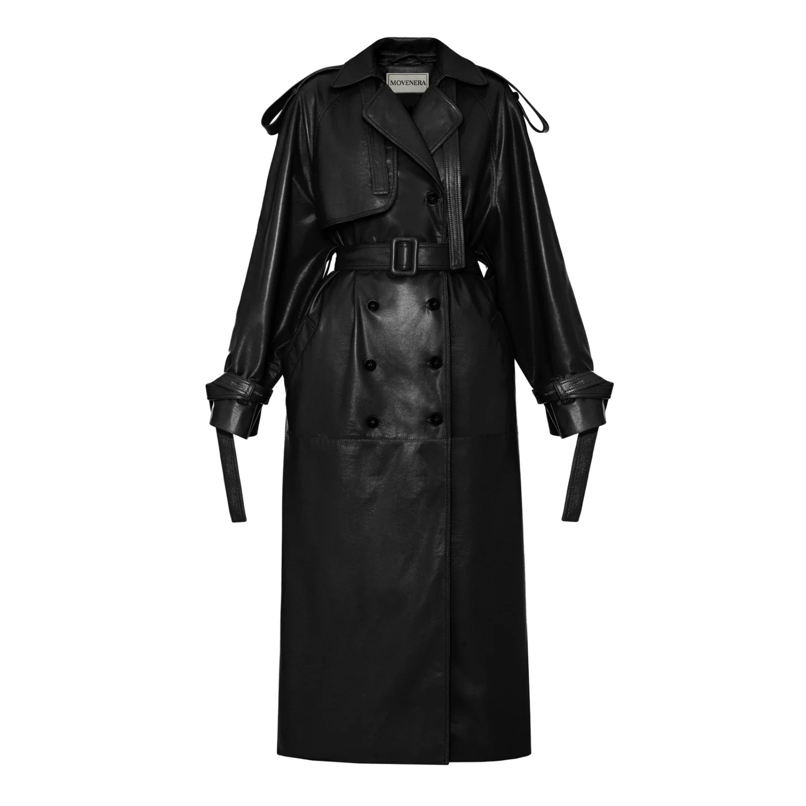 Black leather long trench coat with double-breasted design, lapel collar, shoulder and wrist straps, and detachable waist belt – Movenera.