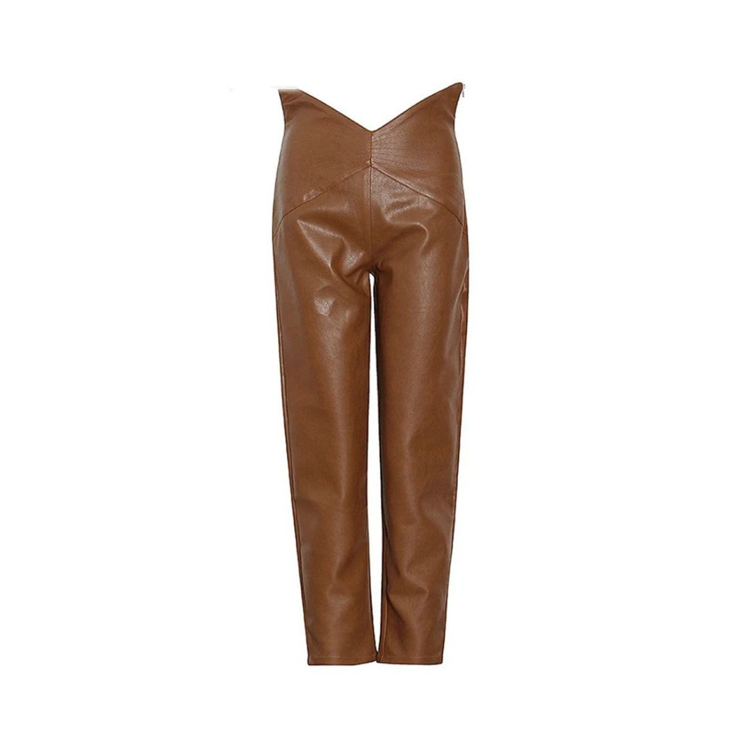 Hazel Brown Genuine Leather High-Waisted Pants