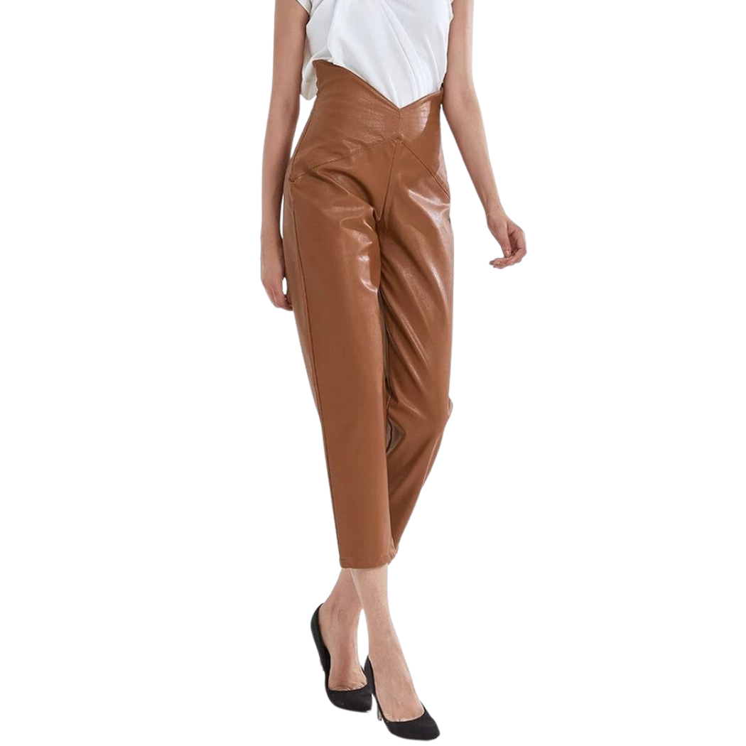 Hazel Brown Genuine Leather High-Waisted Pants