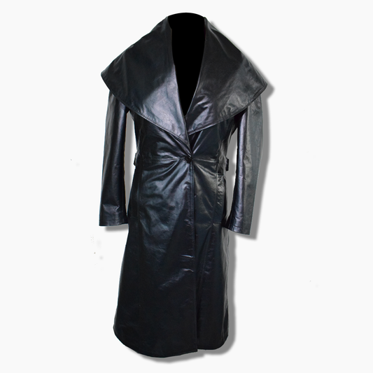 women's black leather trench coat