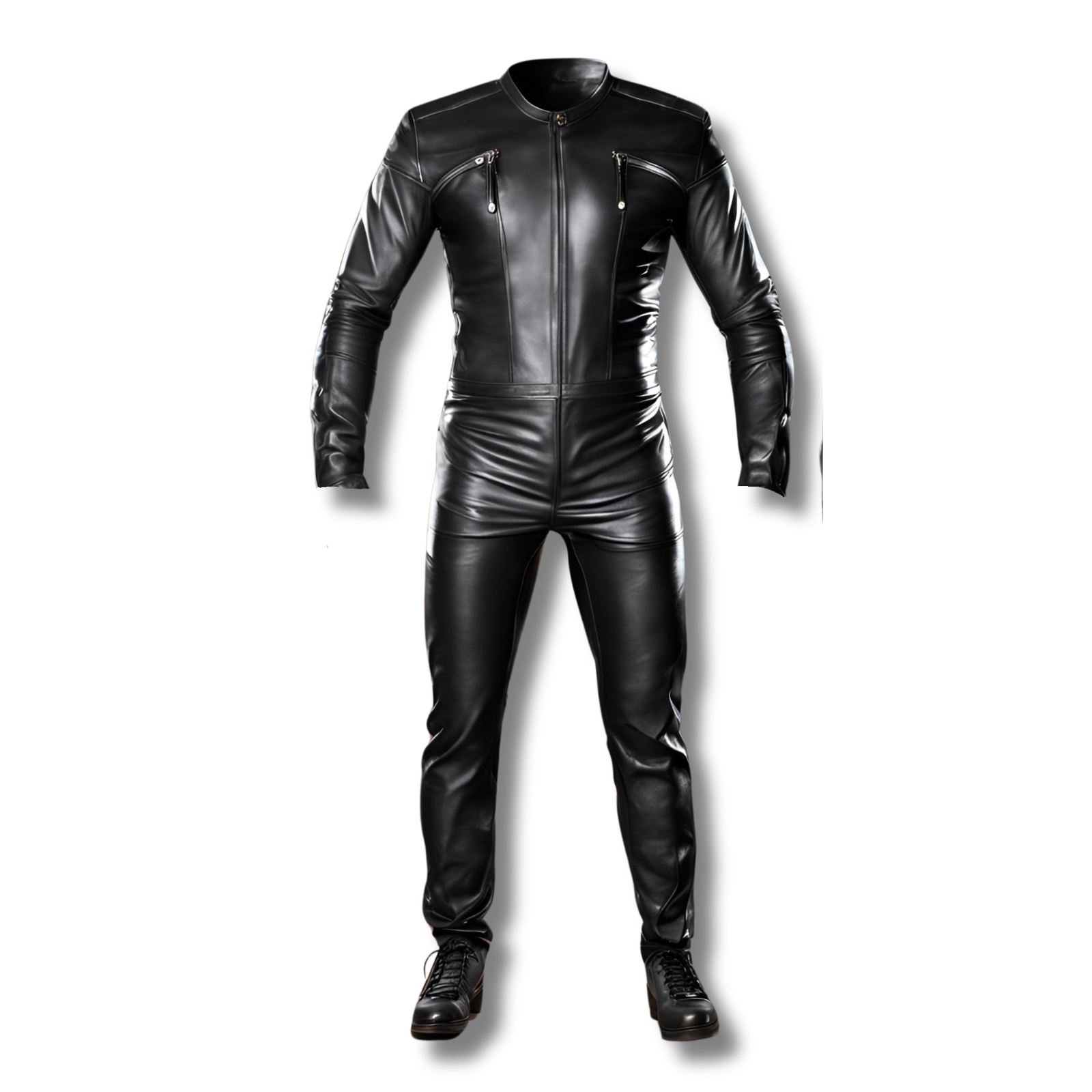 Elevate your biker style with the Raven Black Biker Leather Jumpsuit. This genuine leather jumpsuit features two front body zippers, a center front zipper, back pockets, and stylish design lines. Perfect for any occasion. Shop now!