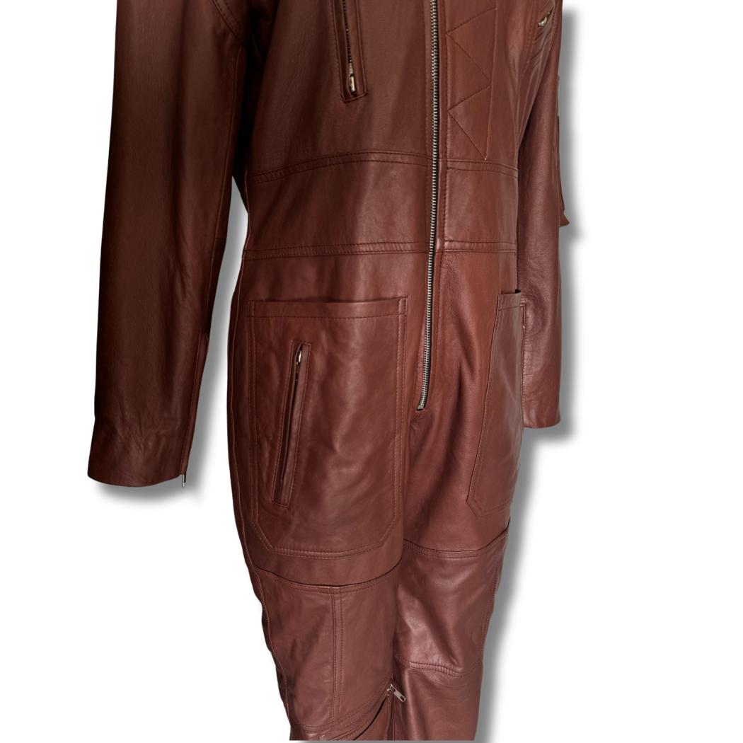Brown Biker Leather Jumpsuit Asymmetrical Zipper Pockets Movenera
