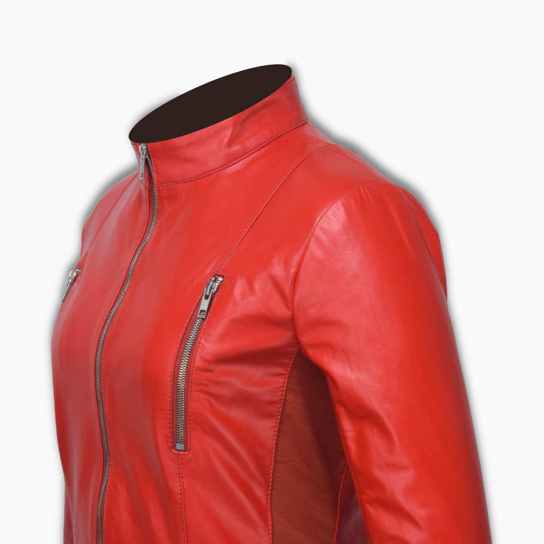 Elevate your style with Movenera’s red genuine sheepskin leather bodysuit, featuring a sleek banned collar, YKK zippered chest pockets, and open hem cuffs. Crafted with a polyester lining for ultimate comfort and a perfect fit. Shop now for bold, luxury fashion.