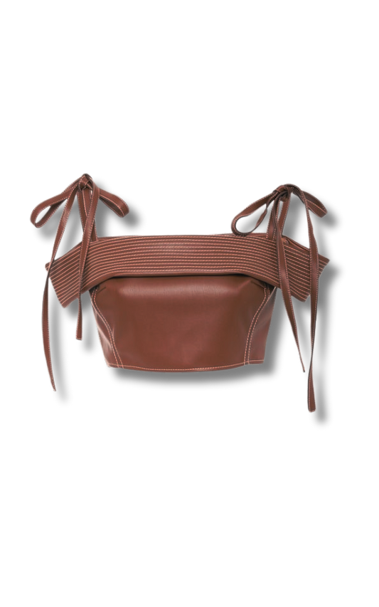 off shoulder leather crop top with coquette strap details