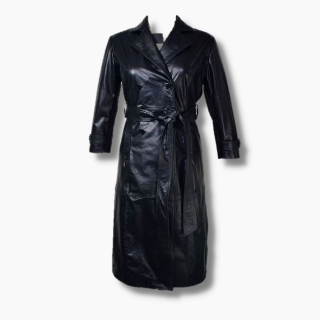 leather long trench coat with waist belt women