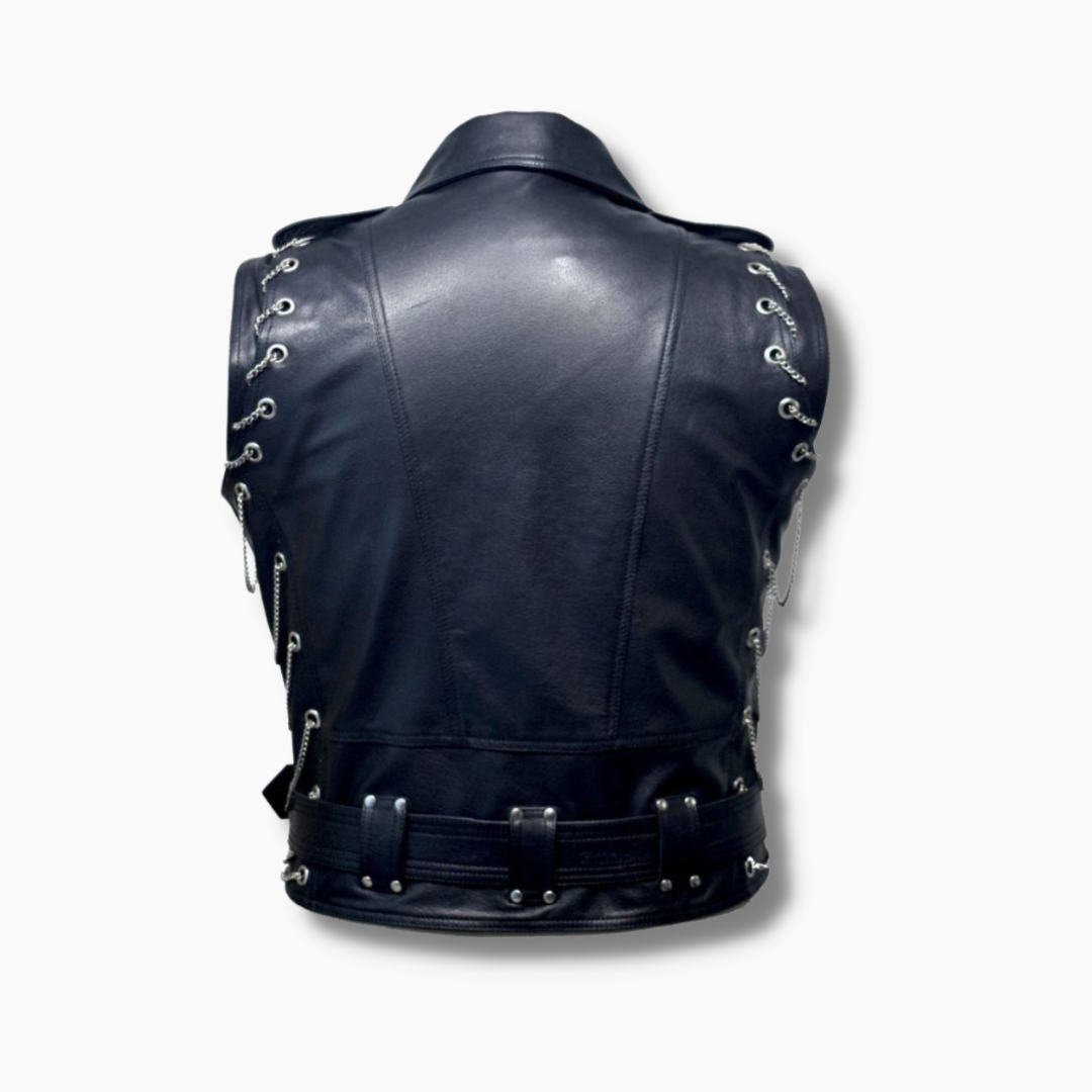 Real Leather Motorcycle Vest Heavy Duty With Chains Biker Vest Punk