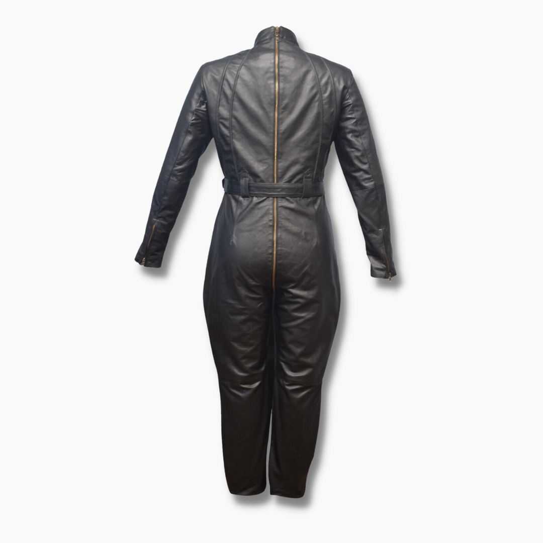 Women's Leather Jumpsuit With Long Zippers and Waist Belt