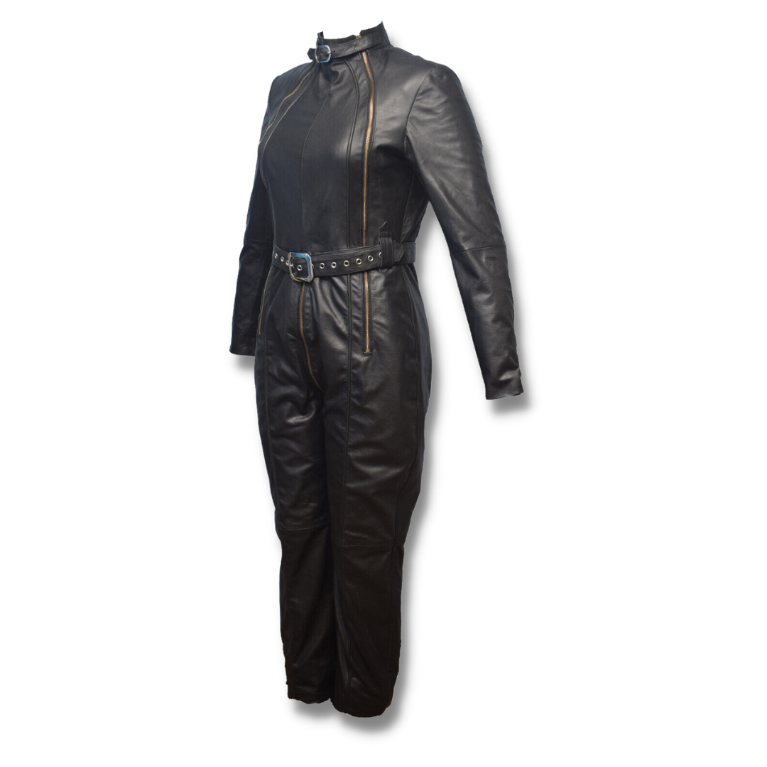 Women's Leather Jumpsuit With Long Zippers and Waist Belt