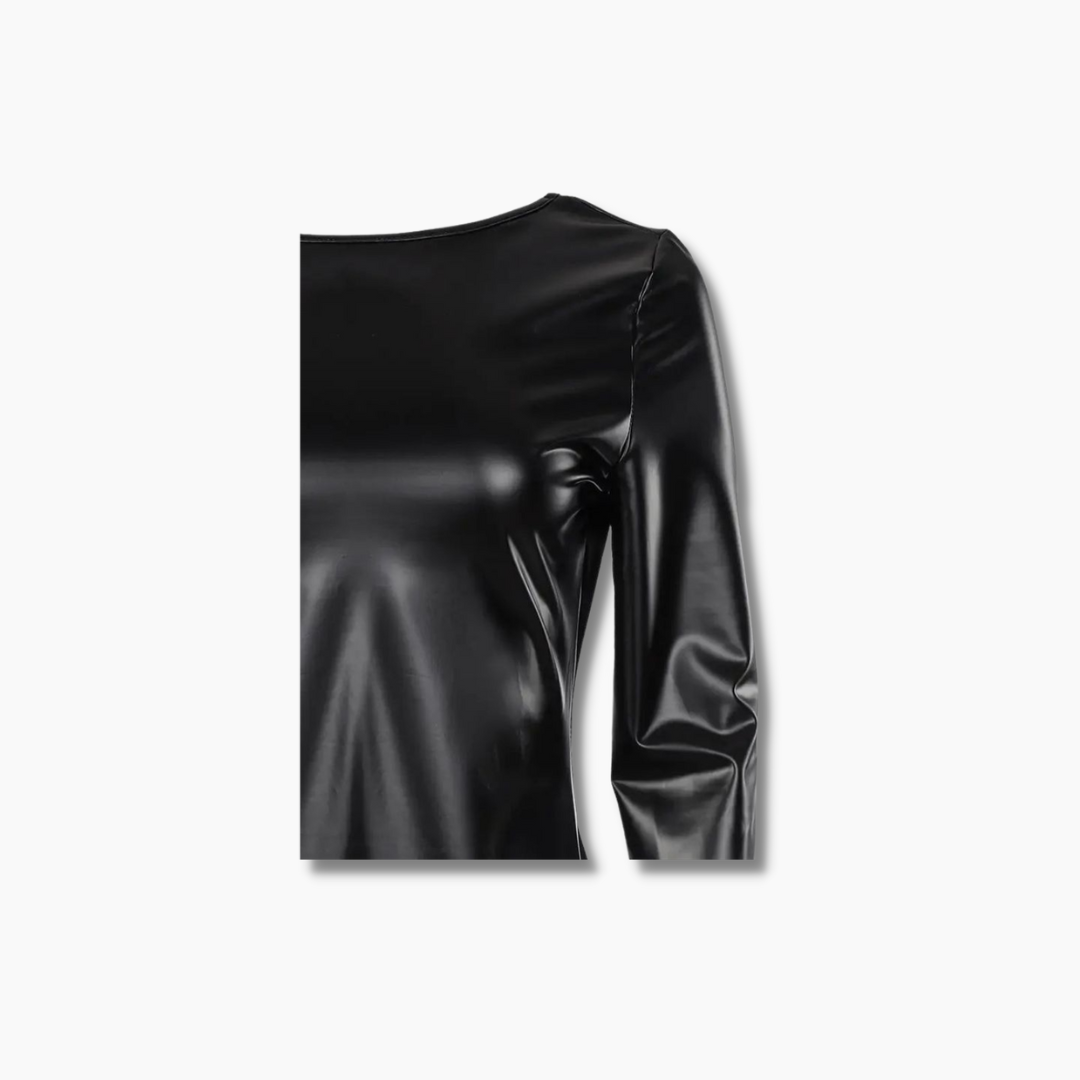 Women's Chain Décor Backless Leather Black Bodycon Dress
