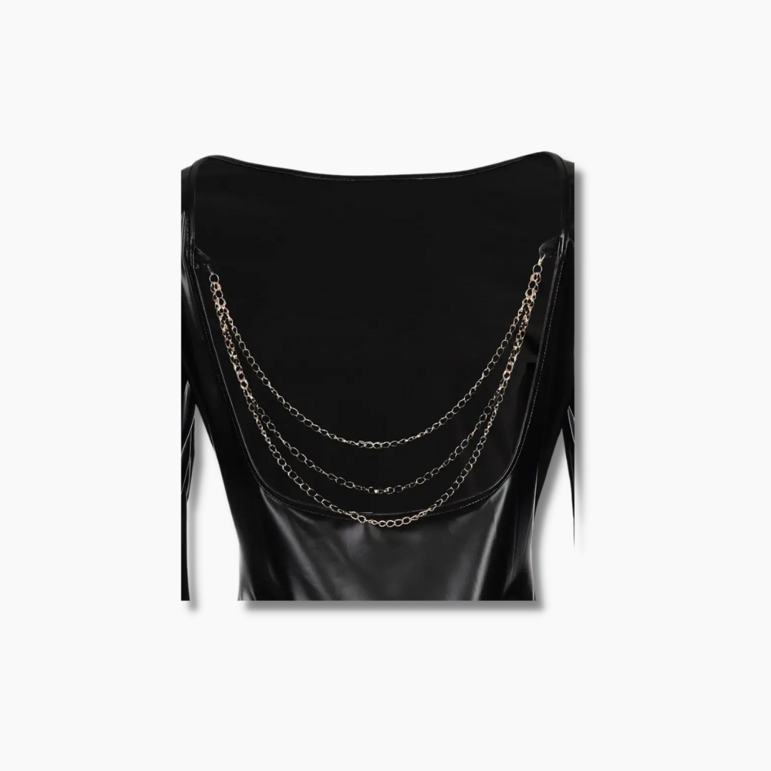 Women's Chain Décor Backless Leather Black Bodycon Dress