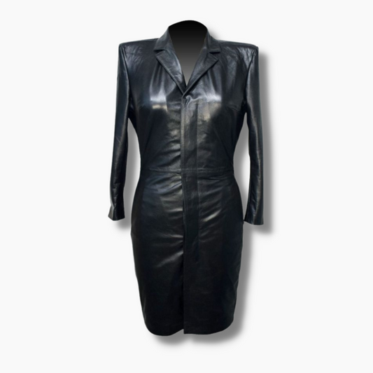 Women's Slim Fit Leather Bodycon Coat - Black