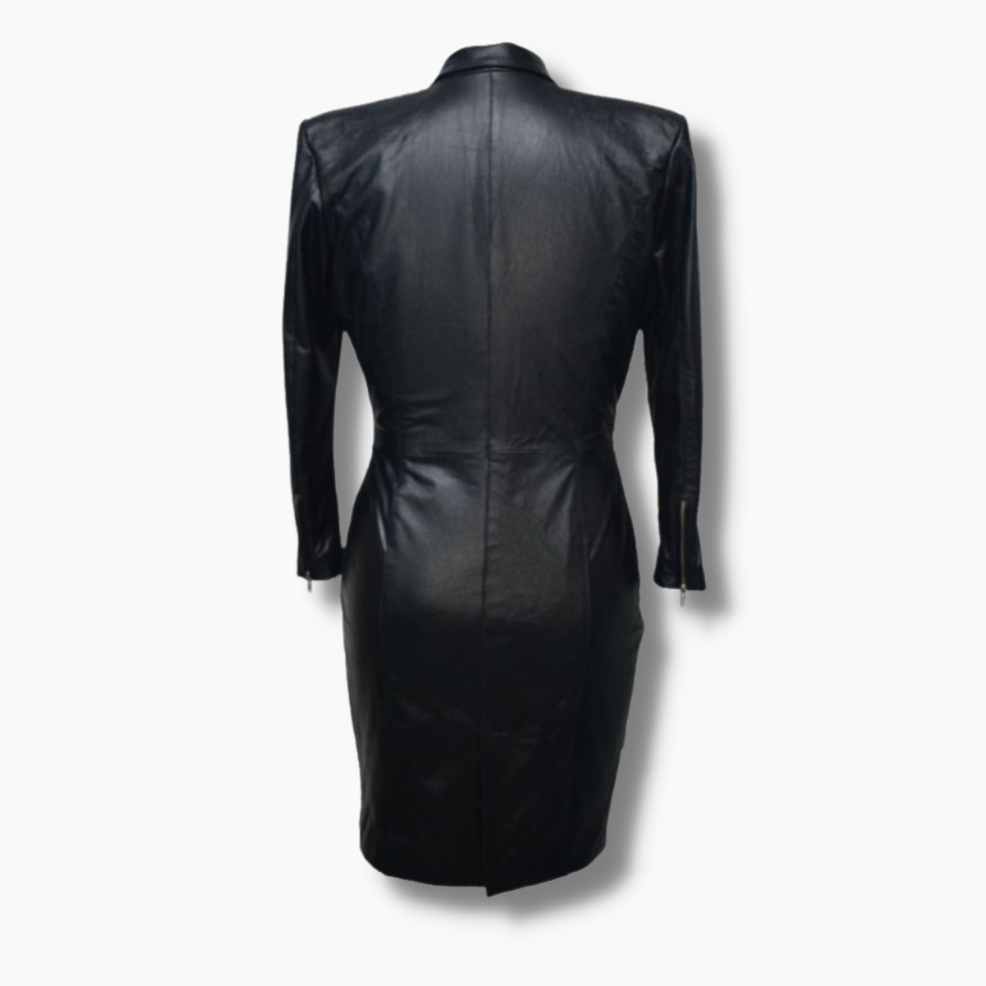 Women's Slim Fit Leather Bodycon Coat - Black