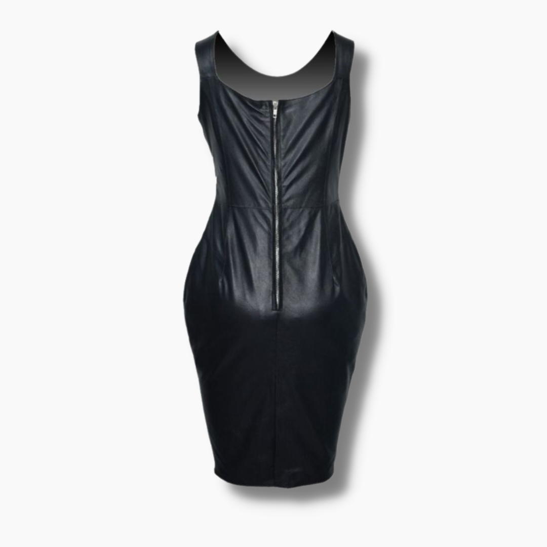 Women's Real Leather Scoop Neck Cocktail Dress- Black