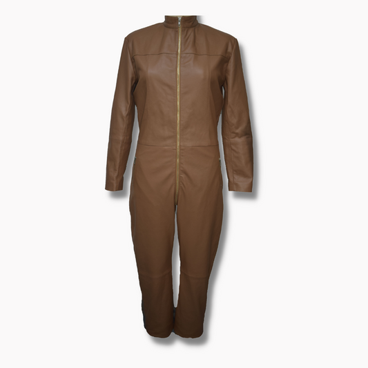 Real Leather Motorcycle Jumpsuit With Pockets -Brown