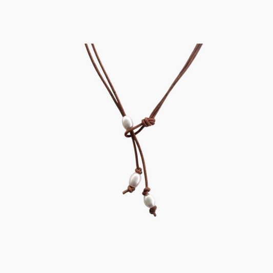 Women's Brown Leather Pearl Lariat Necklace
