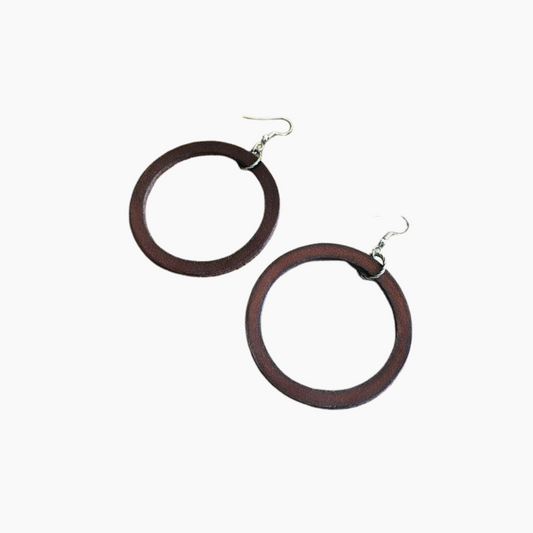 Women's Dark Brown Round Leather Earrings