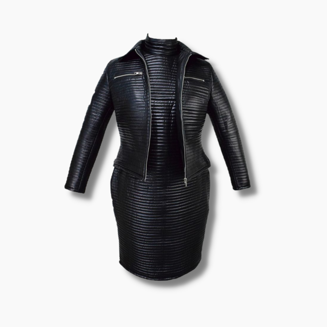 Women's Padded Black Leather Bodycon With Padded Leather Jacket – Movenera