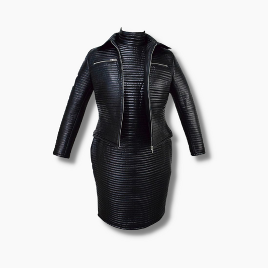 Women's Padded Black Leather Bodycon With Padded Leather Jacket