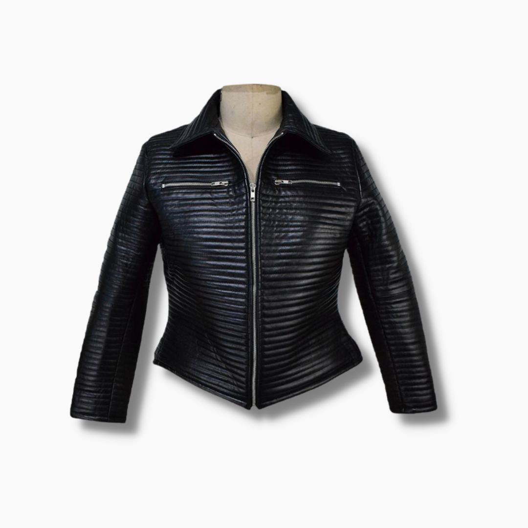 Women's Padded Black Leather Bodycon With Padded Leather Jacket