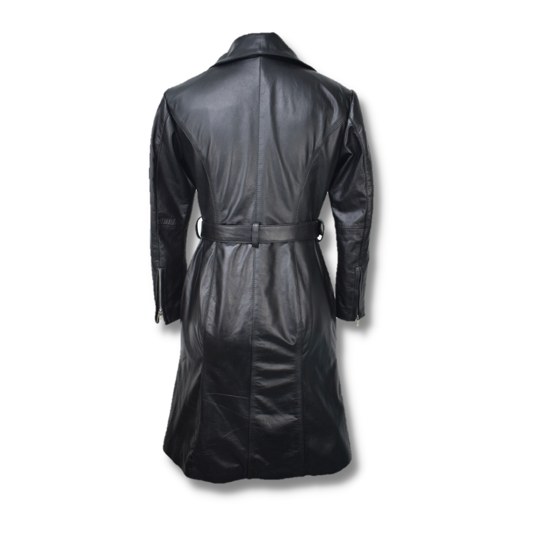 Abrigo largo de piel con cinturón y cremallera para mujer - Negro