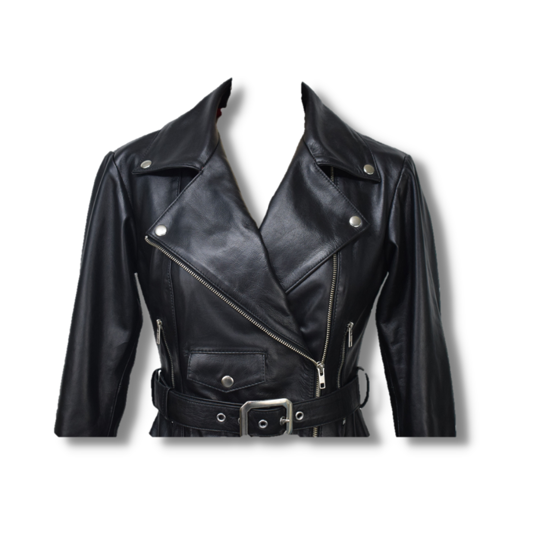 Women's Belted Leather Long Coat Zipped Up - Black