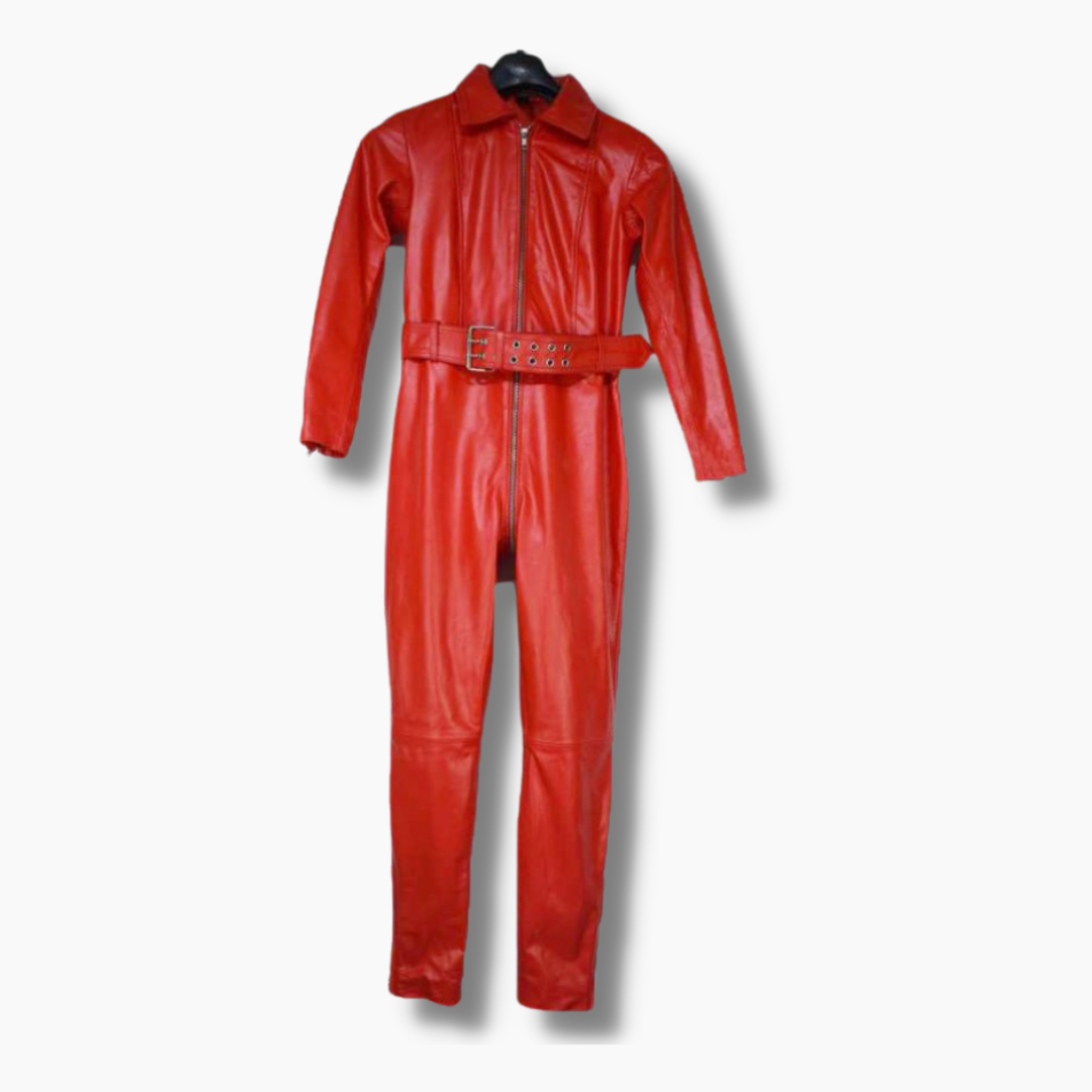 Real Leather Men's Overall Jumpsuit With Waist Belt And Zipper Front