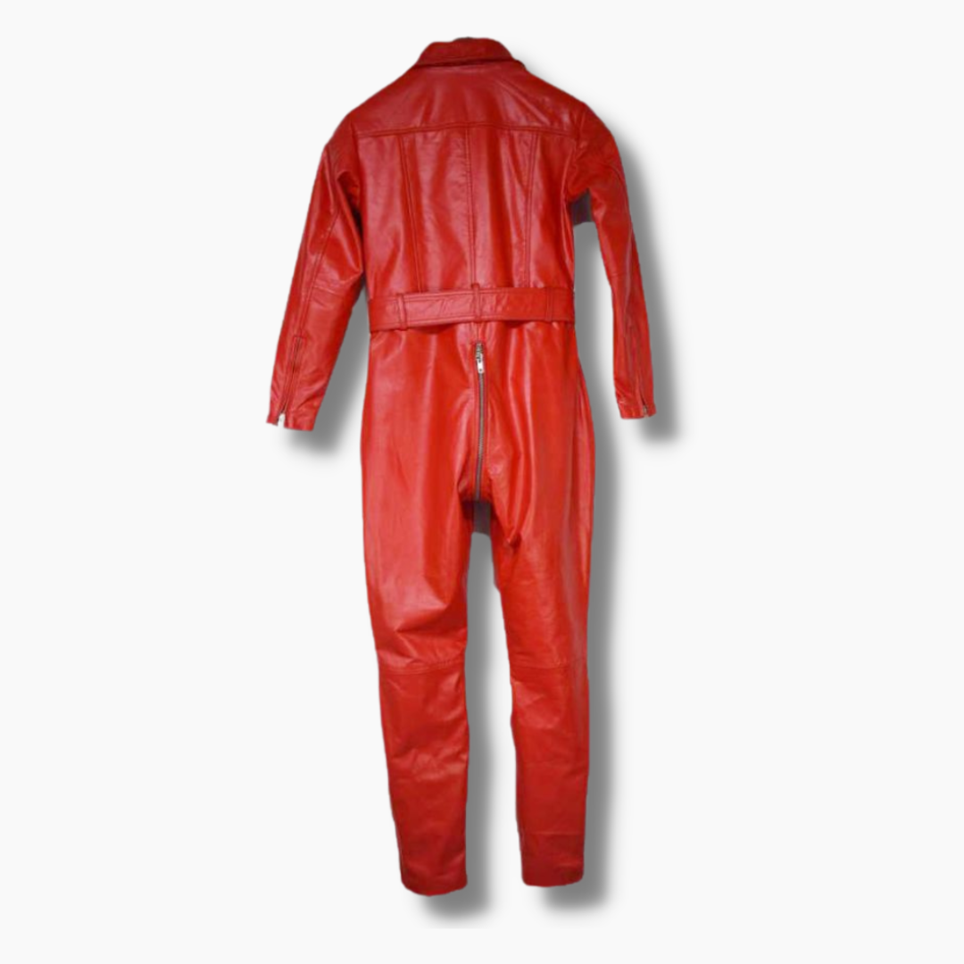 Real Leather Men's Overall Jumpsuit With Waist Belt And Zipper Front
