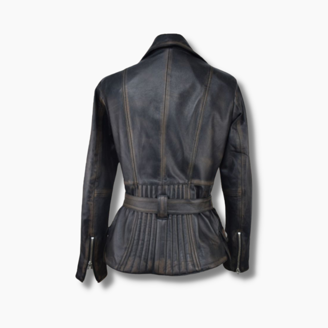 Women's Distressed Hip Length Leather Jacket Belted - Black