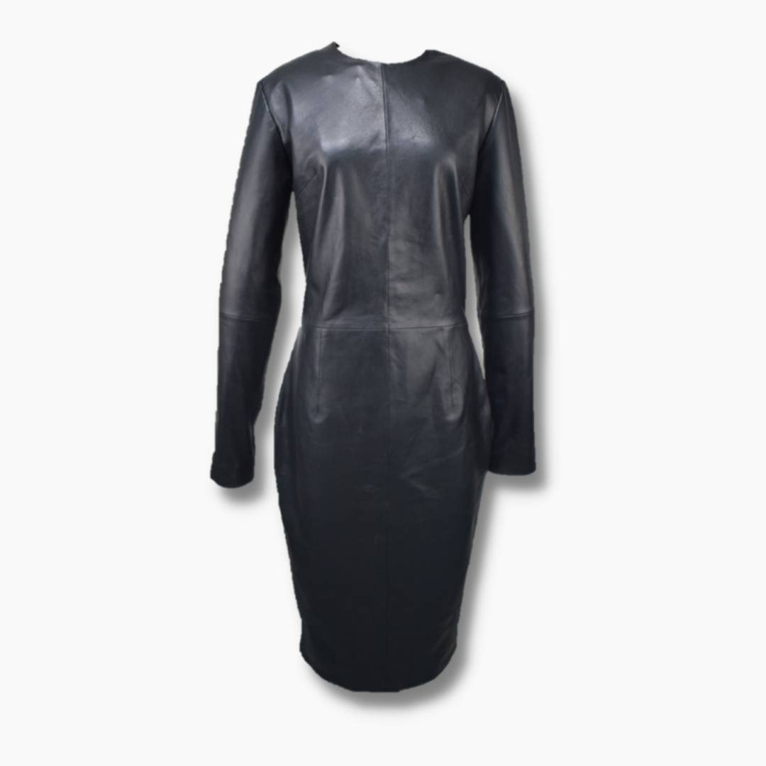 Women's Leather Bodycon Full Sleeves Long Dress - Black