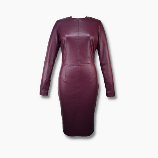 Women's Leather Bodycon Full Sleeves Long Dress - Burgundy