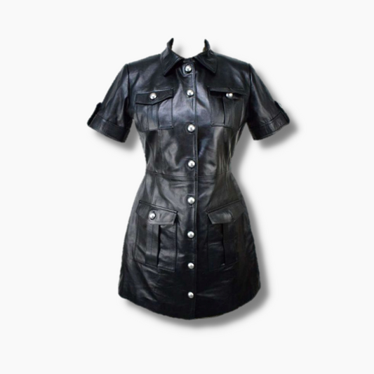 Women's Leather Shirt Buttoned Dress Bodycon - Black