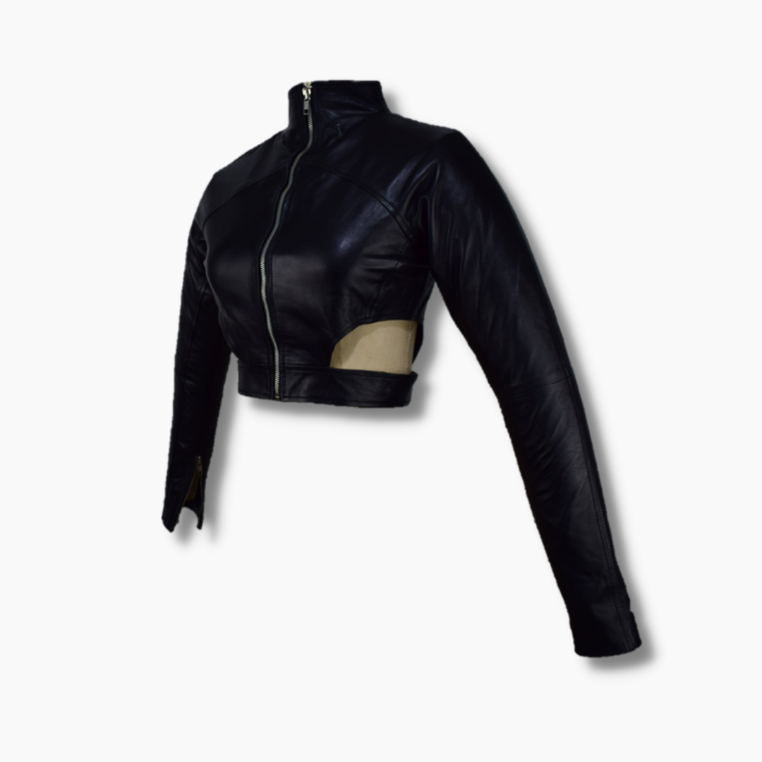 Mary Black Leather Asymmetrical Biker Crop Top