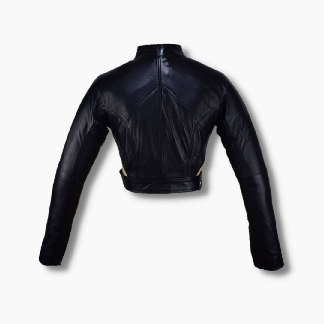 Mary Black Leather Asymmetrical Biker Crop Top