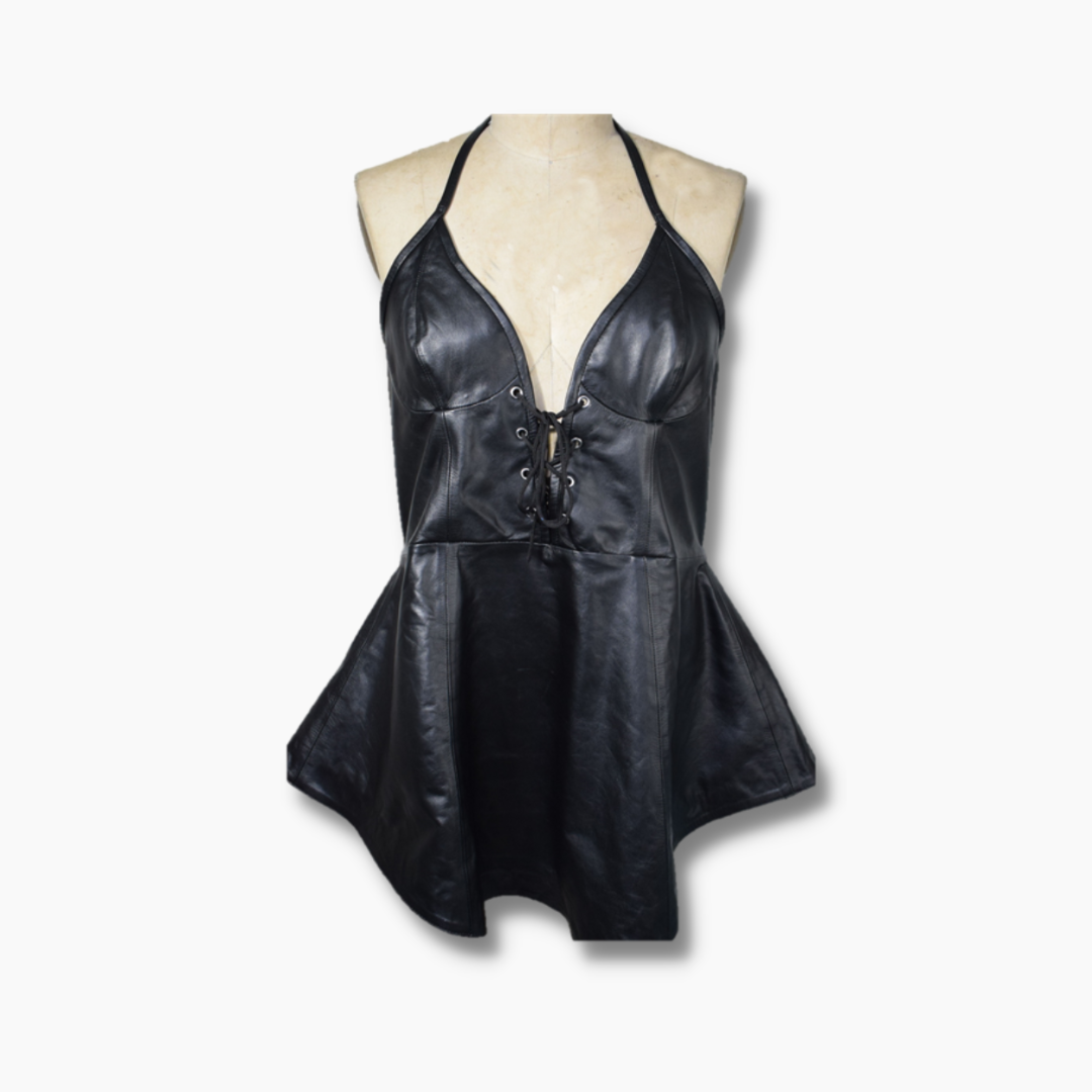 Womens Genuine Leather Backless Corset Dress Black Leather – Movenera