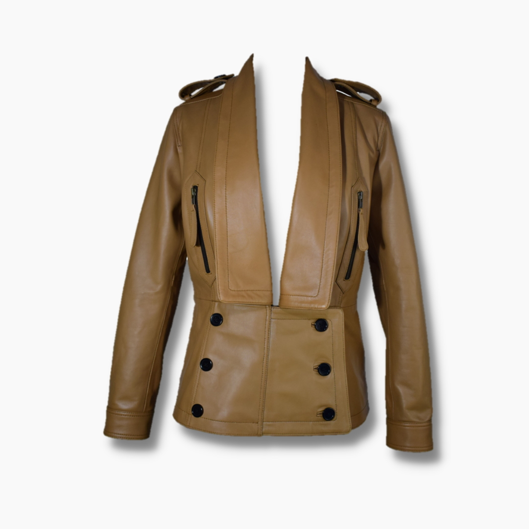 leather jacket long collar brown color women