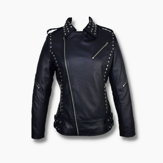 Gloria Black Leather Silver Studs Biker Jacket