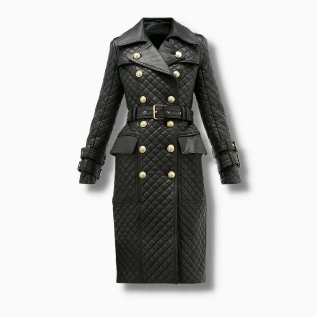 Women's Double Breasted Quilted Leather Coat Long - Black