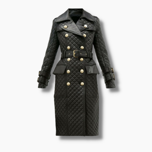 Manteau long en cuir matelassé croisé pour femme - noir