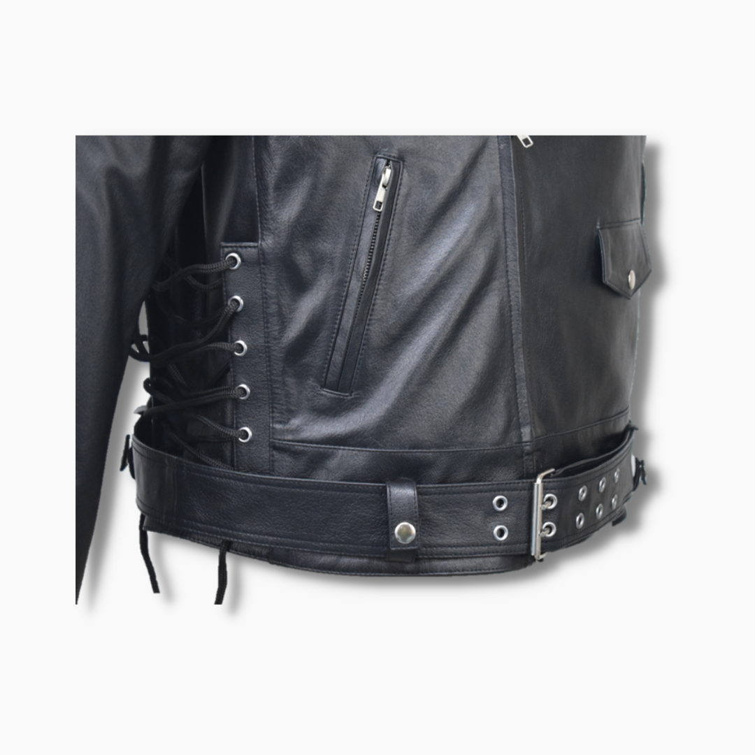 Mens Real Leather Biker Jacket With Quilted Panels And Laces Up side Design