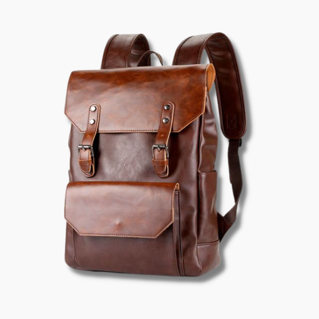School Casual Leather Backpack - Mid Brown