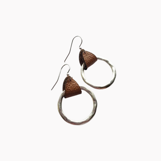 Women's Light Brown Round Pebble Leather Earrings
