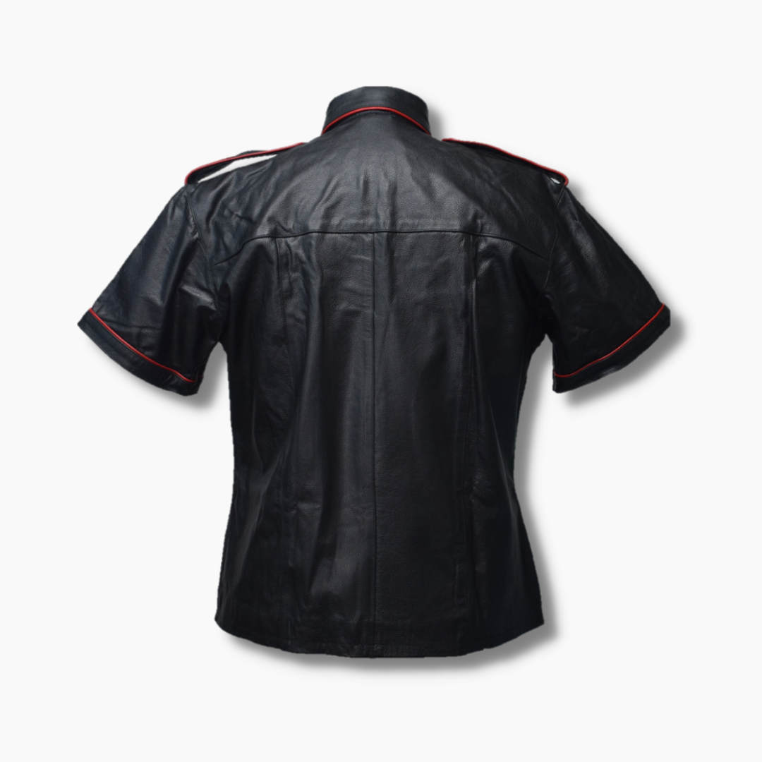 Franklin Black Leather Shirt with Red Piping