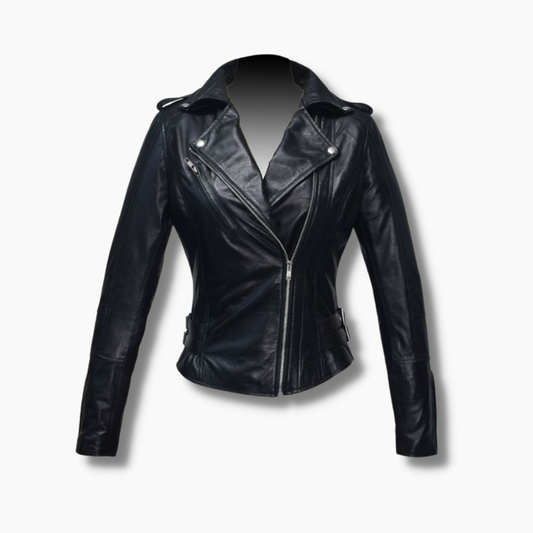 Women's Motorcycle Biker Slim fit Leather Jacket - HD Black
