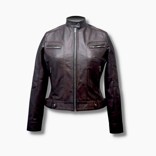 Women's Motorcycle Biker Leather Jacket - Burgundy
